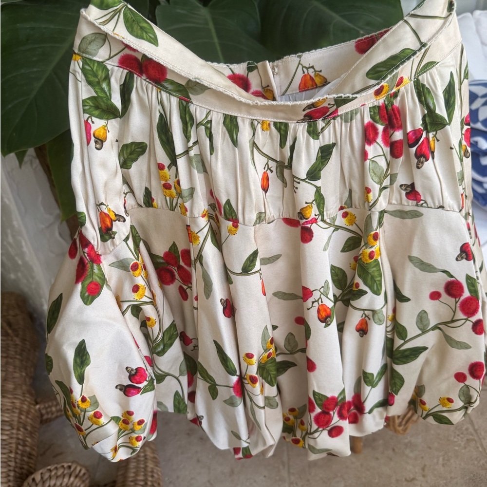 Agua Bendita Cream Mini Skirt with Red & Green Botanical Embroidery